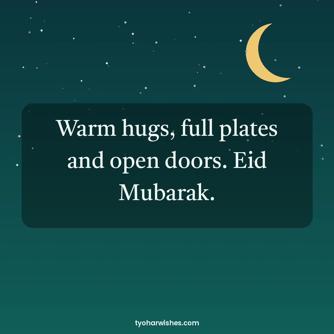 Bakrid wish image: Warm hugs, full plates and open doors. Eid Mubarak.