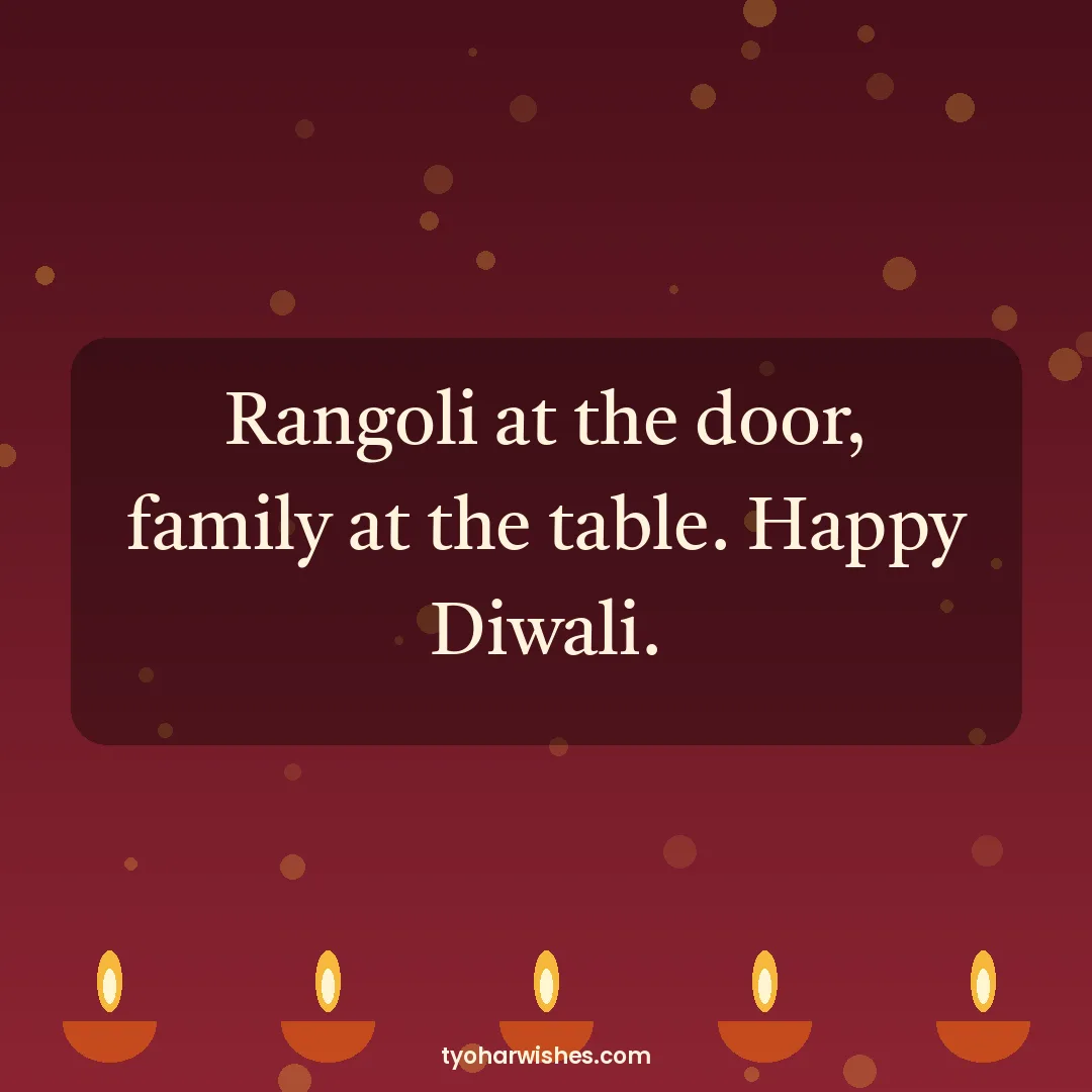 Diwali wish image: Rangoli at the door, family at the table. Happy Diwali.